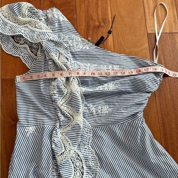 NWOT BCBGMAXAZRIA BCBG One Shoulder Embroidered Stripe Dress Blue Combo Size 14 - Picture 13 of 14